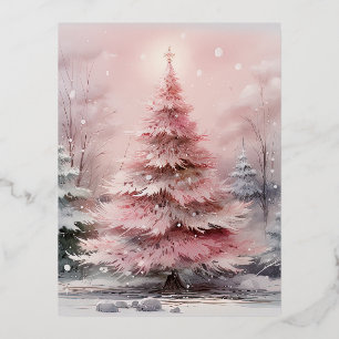Watercolor Pink Weihnachtsbaum Szene Folien Feiertagspostkarte