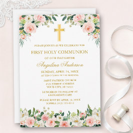 Watercolor Pink White Floral Communion Gold Einladung