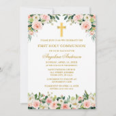 Watercolor Pink White Floral Communion Gold Einladung (Vorderseite)