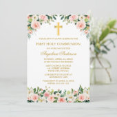 Watercolor Pink White Floral Communion Gold Einladung (Stehend Vorderseite)