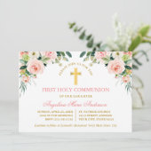 Watercolor Pink White Floral Gold Communion Einladung (Stehend Vorderseite)