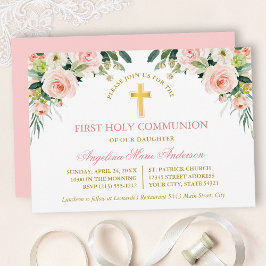 Watercolor Pink White Floral Gold Communion Einladung