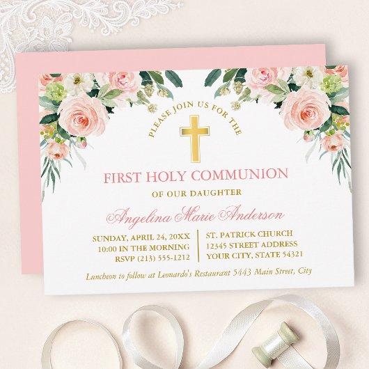 Watercolor Pink White Floral Gold Communion Einladung