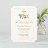 Watercolor Pink White Floral Gold Frame Communion Einladung (Stehend Vorderseite)