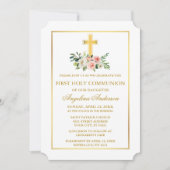Watercolor Pink White Floral Gold Frame Communion Einladung (Vorderseite)