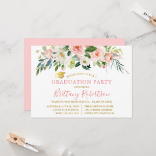 Watercolor Pink White Floral Gold Graduation Party Einladung
