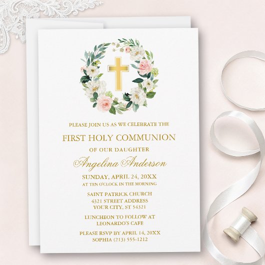 Watercolor Pink White Floral Wreath Gold Communion Einladung