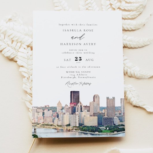 Watercolor Pittsburgh Pennsylvania Skyline Wedding Einladung