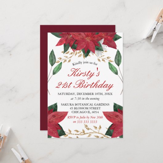 Watercolor Poinsettia Blumenweihnachtsfest Geburts Einladung (Vorderseite/Rückseite Beispiel)