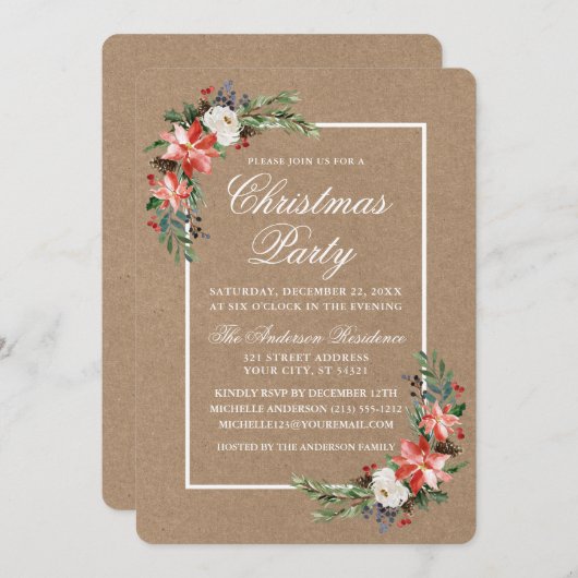 Watercolor Poinsettia Christmas Party Kraft Einladung (Vorne/Hinten)