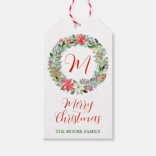 Watercolor Poinsettia Christmas Wreath Monogram Geschenkanhänger