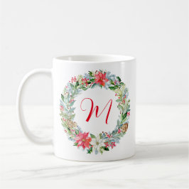 Watercolor Poinsettia Christmas Wreath Monogram Kaffeetasse