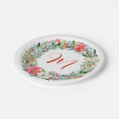 Watercolor Poinsettia Christmas Wreath Monogram Pappteller (Schrägansicht)