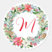 Watercolor Poinsettia Christmas Wreath Monogram Runder Aufkleber (Vorderseite)
