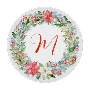 Watercolor Poinsettia Christmas Wreath Monogram Schneidebrett