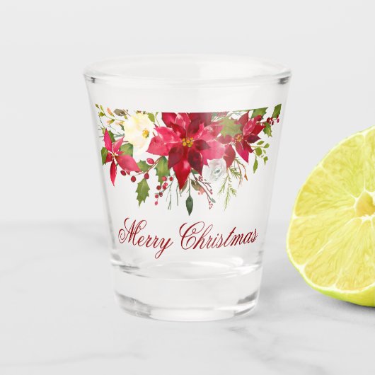 Watercolor Poinsettia Floral Christmas Red Script Schnapsglas (Vorderseite)