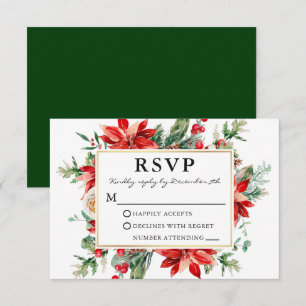 Watercolor Poinsettia Floral Green Wedding RSVP Karte