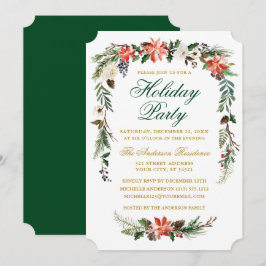 Watercolor Poinsettia Gold Green Holiday Party Einladung