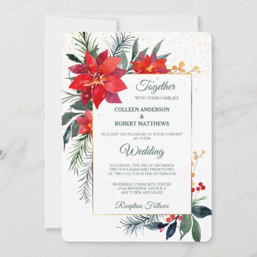 Watercolor Poinsettia Gold Rahmen Weihnachten Einladung (Vorderseite)