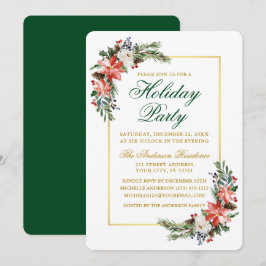 Watercolor Poinsettia Holiday Party Gold Green Einladung