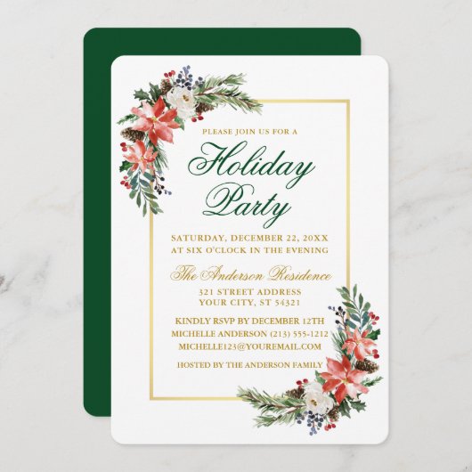 Watercolor Poinsettia Holiday Party Gold Green Einladung (Vorne/Hinten)