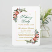 Watercolor Poinsettia Holiday Party Gold Green Einladung (Stehend Vorderseite)