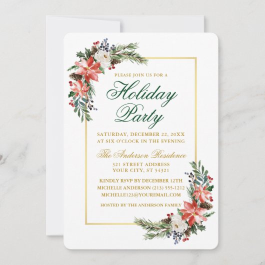 Watercolor Poinsettia Holiday Party Gold Green Einladung (Vorderseite)