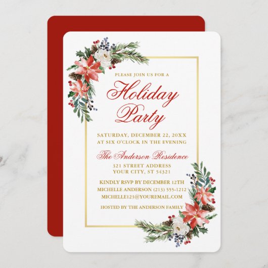 Watercolor Poinsettia Holiday Party Gold Rot Einladung (Vorne/Hinten)