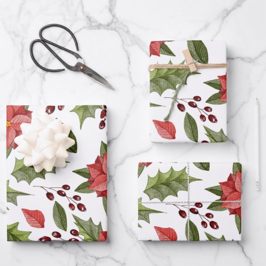 Watercolor Poinsettia Holiday Pattern Wrapping Pap Geschenkpapier Set (Vorderseite)