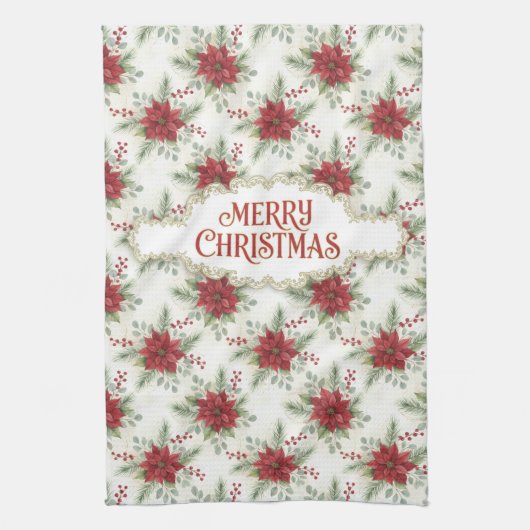Watercolor Poinsettia Merry Christmas Geschirrtuch (Vertikal)