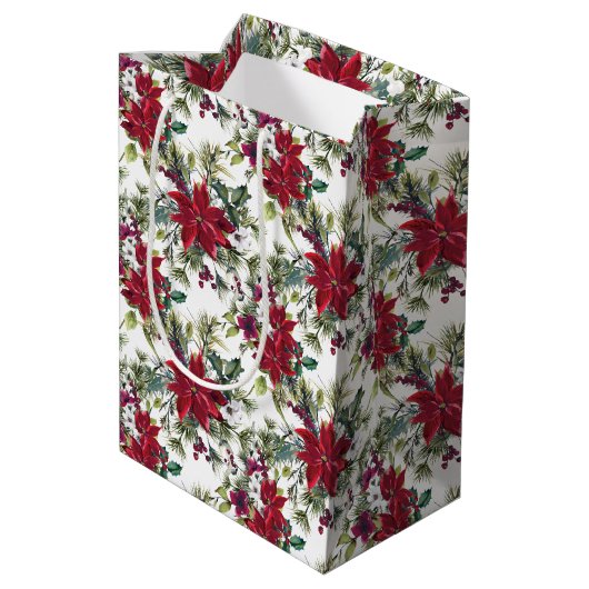 Watercolor Poinsettia Pattern  Mittlere Geschenktüte (Rückseite Schrägansicht)