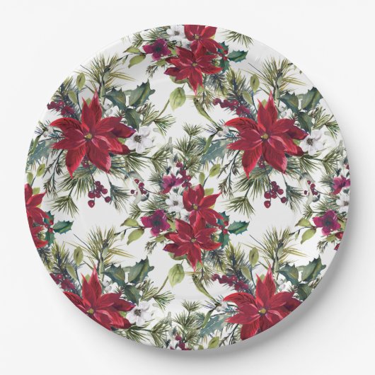 Watercolor Poinsettia Pattern Pappteller (Vorderseite)