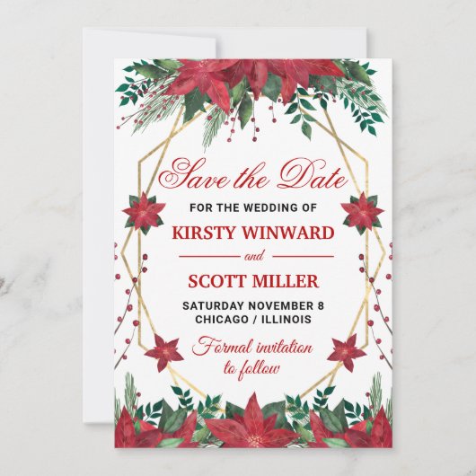 Watercolor Poinsettia Wedding Save the Date Einladung (Vorderseite)