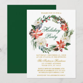 Watercolor Poinsettia Wreath Green Holiday Party Einladung