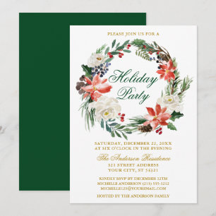 Watercolor Poinsettia Wreath Green Holiday Party Einladung