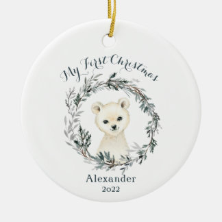 Watercolor Polar Bear Baby's 1. Weihnachten Keramik Ornament