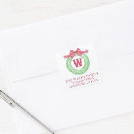 Watercolor Polka Dot Bow Monogram Kranath-Adresse Quadratischer Aufkleber