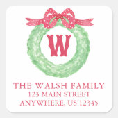 Watercolor Polka Dot Bow Monogram Kranath-Adresse Quadratischer Aufkleber (Vorderseite)