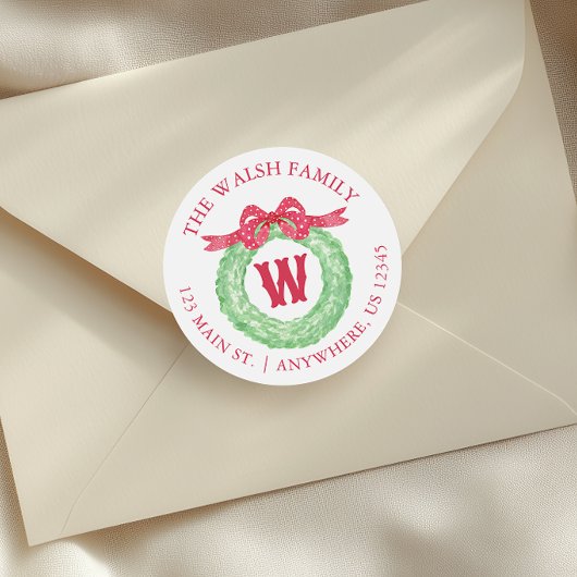 Watercolor Polka Dot Bow Monogram Kranath-Adresse Runder Aufkleber