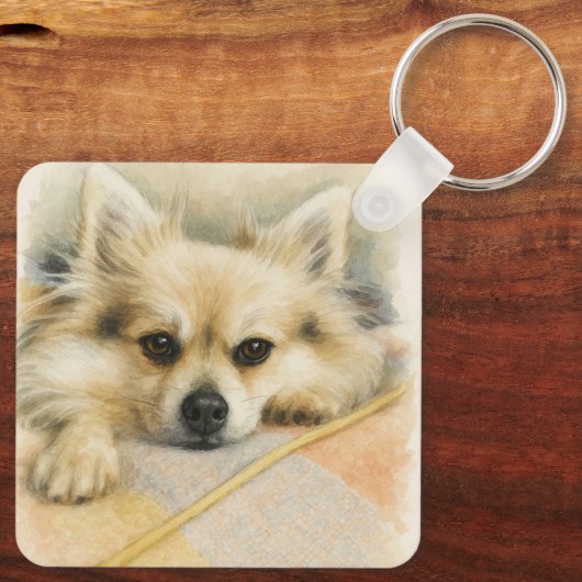 Watercolor Pomeranian Chihuahua Dog Portrait Schlüsselanhänger (Rückseite)
