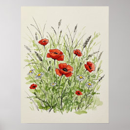 Watercolor Poppies & Daisies Print Art Poster