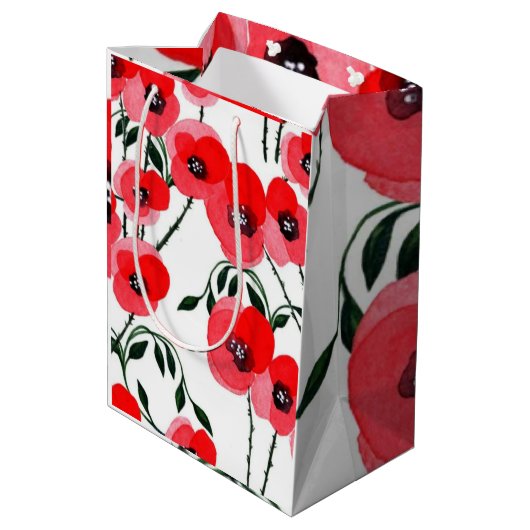 Watercolor poppy flowers botanical mittlere geschenktüte (Rückseite Schrägansicht)