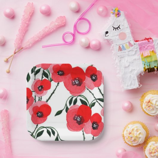 Watercolor poppy flowers botanical pappteller (Party)