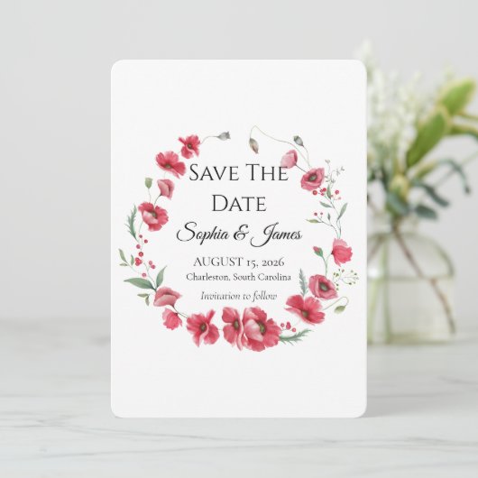 Watercolor Poppy & Lavender Floral Wedding Save The Date (Stehend Vorderseite)