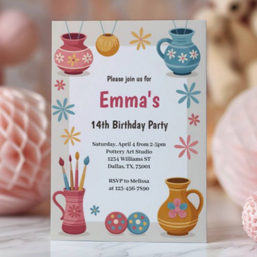Watercolor Pottery Painting Birthday Party Einladung