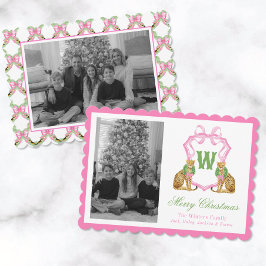 Watercolor Preppy Leopard Monogram Crest Photo Feiertagskarte