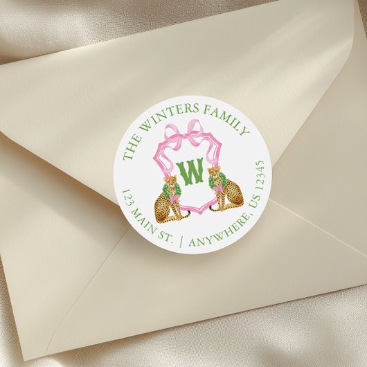 Watercolor Preppy Leopard Monogram Crest Runder Aufkleber