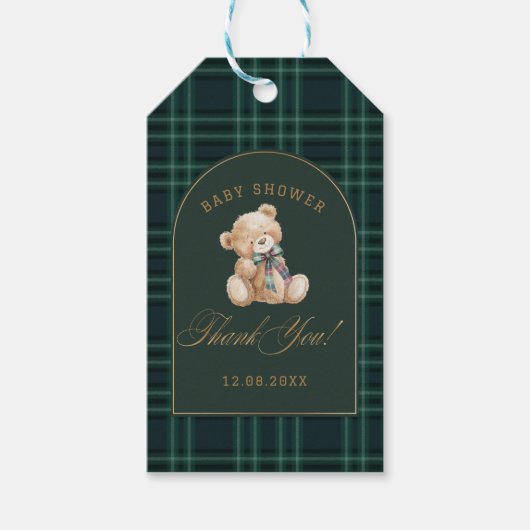 Watercolor preppy plaid teddy bear baby shower Geschenkanhänger (Vorderseite)