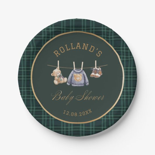 Watercolor preppy plaid teddy bear baby shower Pappteller (Vorderseite)
