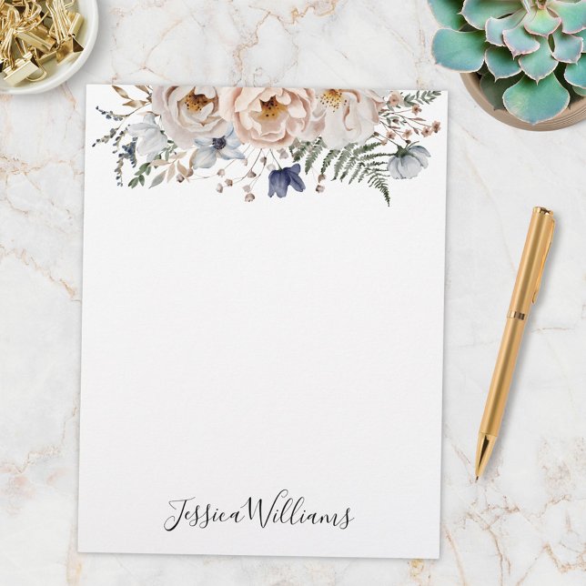 Watercolor Pretty Beige Blue Personalized Floral Briefbogen (In situ)